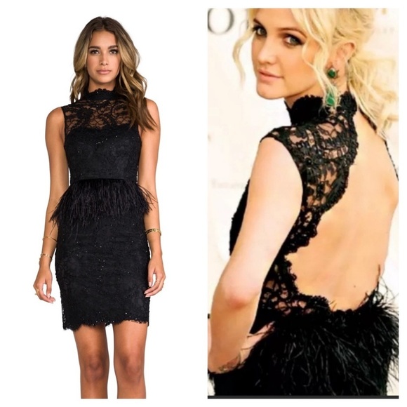 Alice + Olivia Dresses & Skirts - Alice + Olivia / Black Patricia lace beaded  Ostrich Feather Peplum dress lbd 4